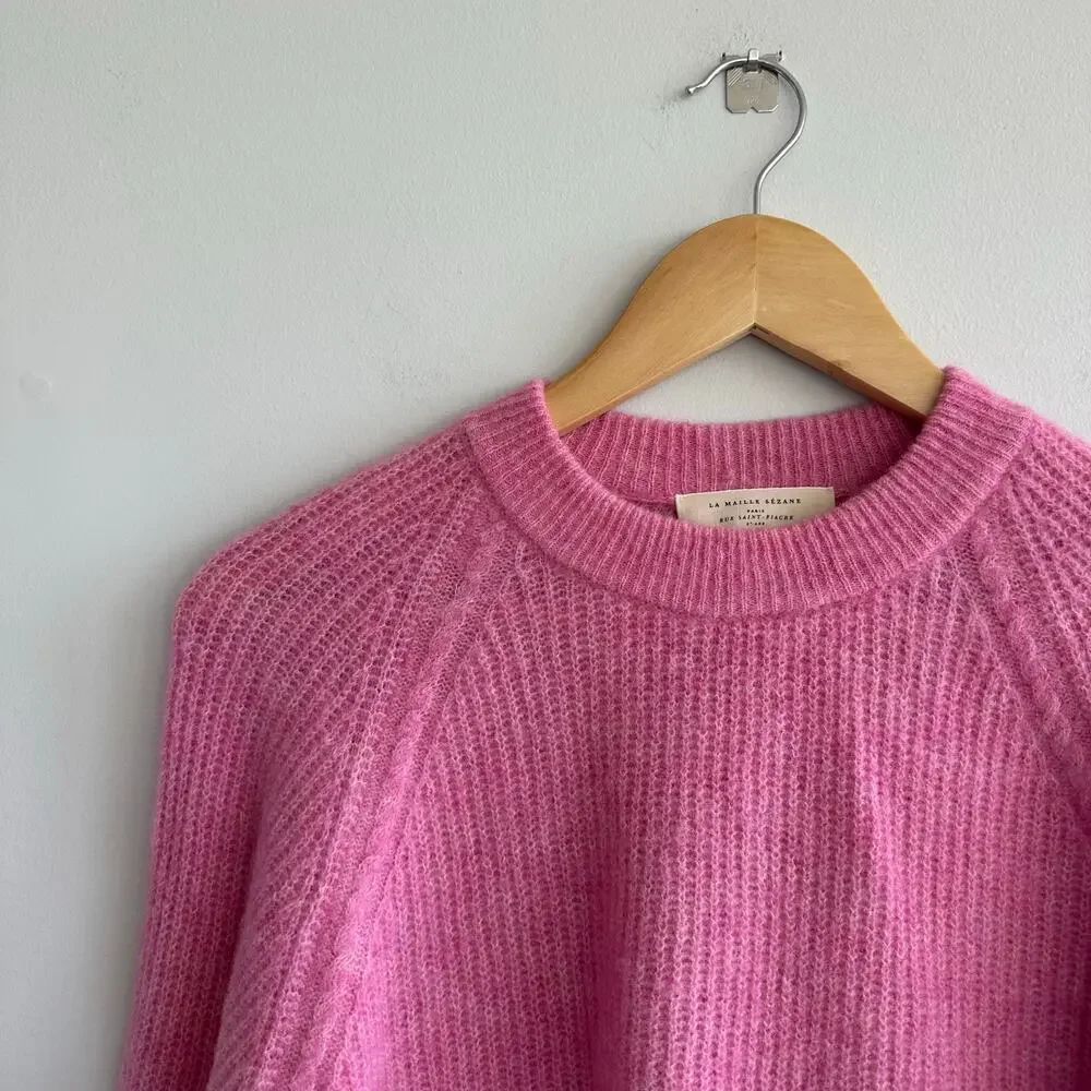Sezane Pink Ribbed Crewneck Sweater